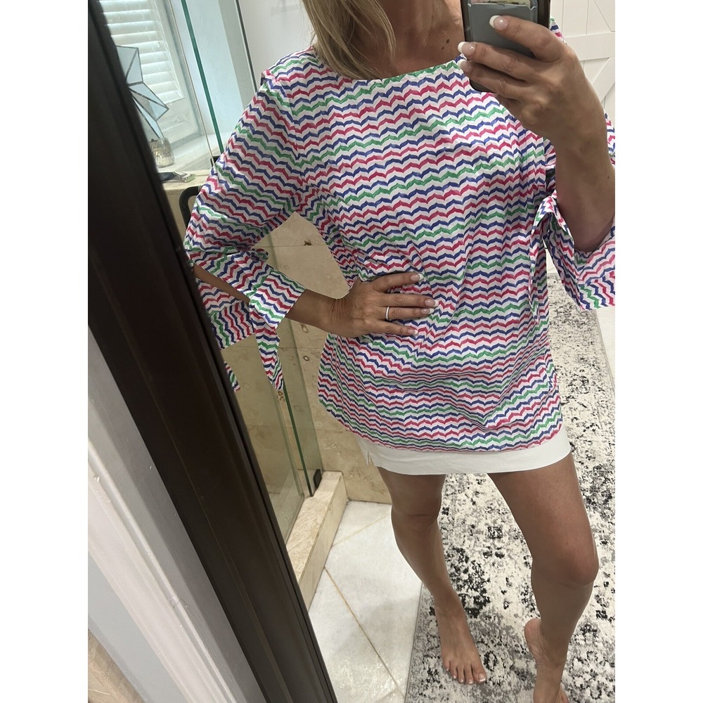 Talbots Womens Large Chevron Striped Cotton Blouse Tie Sleeve Tunic Multicolor L